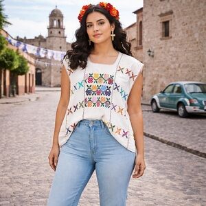 VTG Mexican Handmade Oaxacan Floral Embroidered Folk Boho Huipil Blouse Sz M-L